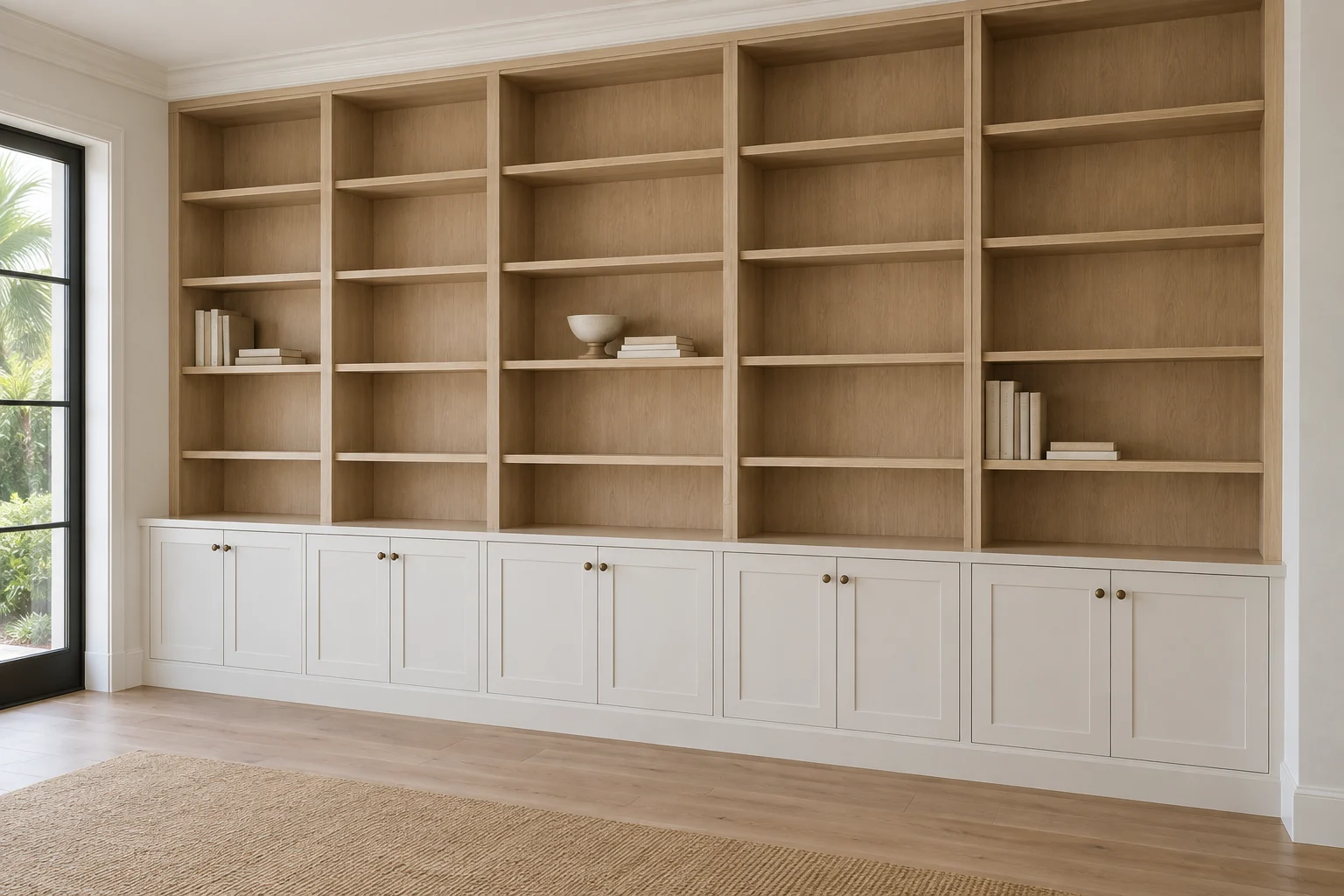 Illustration of built-in white base cabinets with natural oak shelving