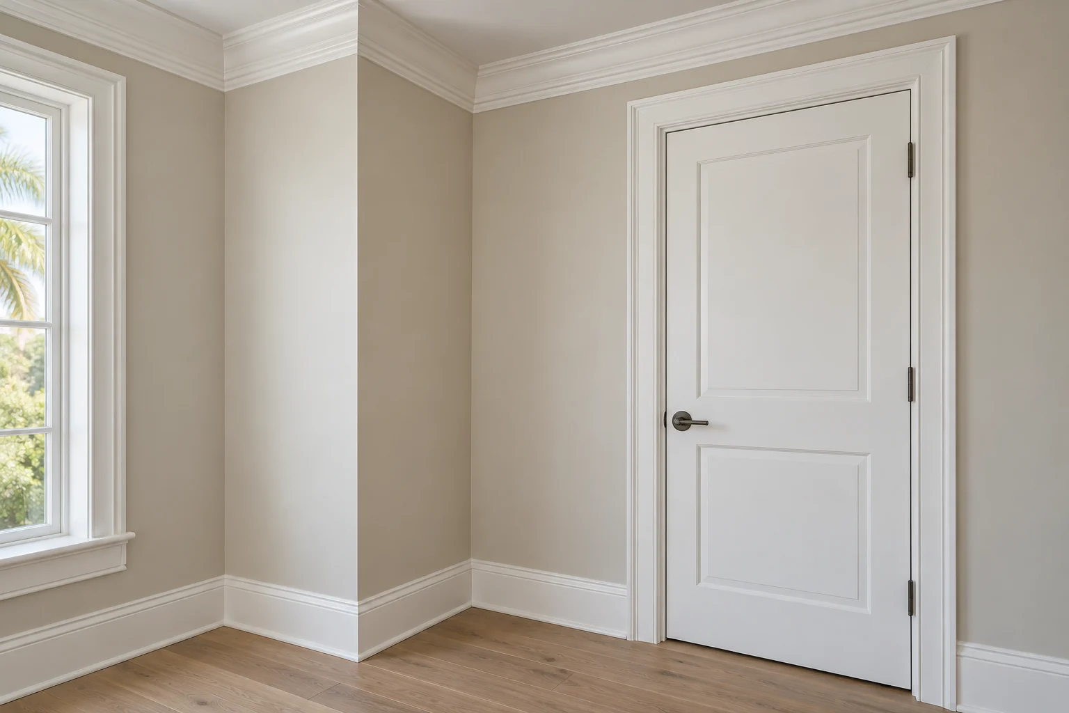Illustration of white crown molding, door casing and baseboards in a neutral room