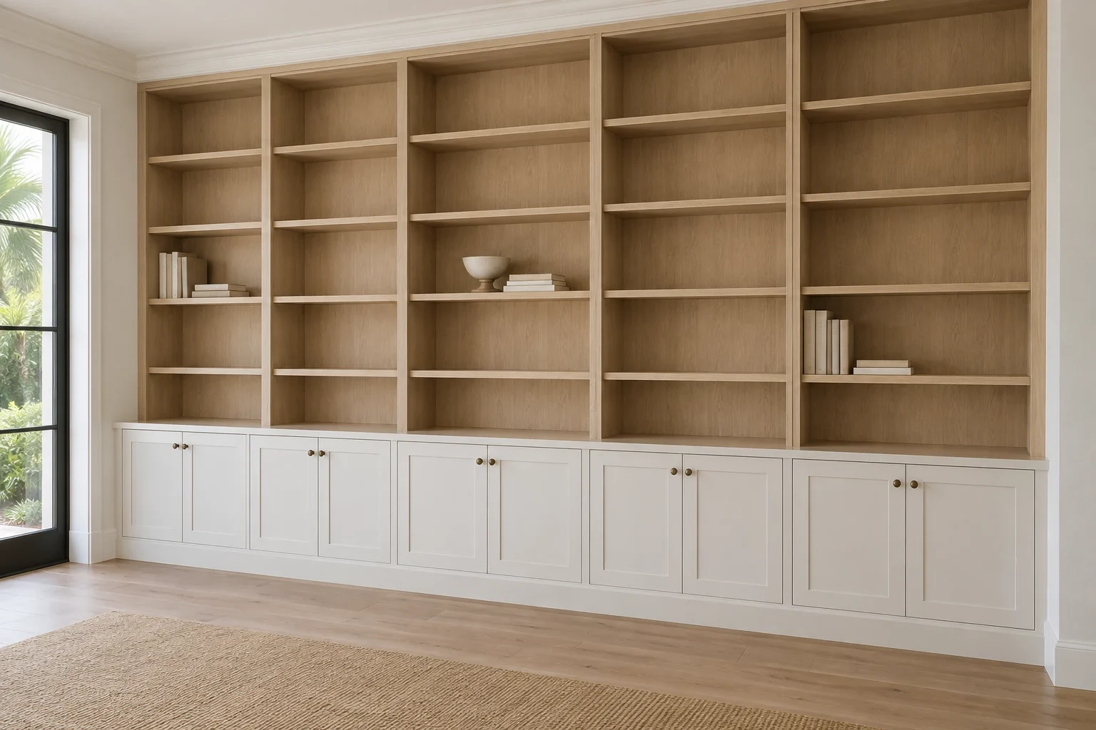 Built-in wall unit combining open wood shelving above white shaker base cabinets