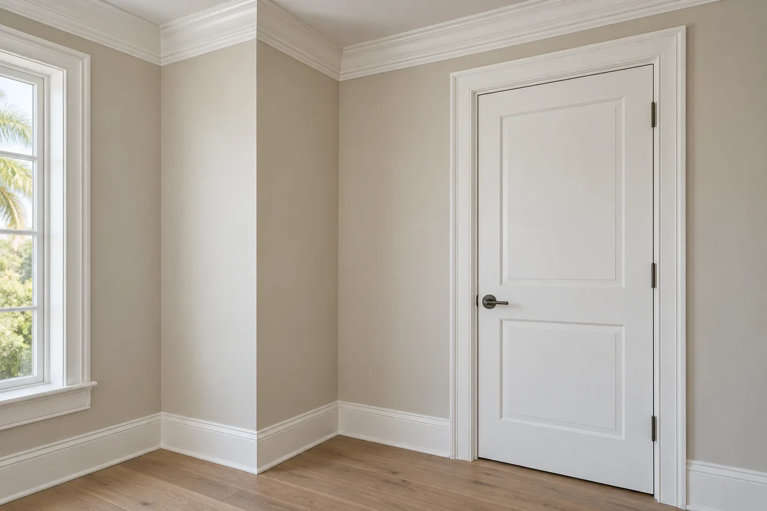 Room corner with crown molding, baseboards and painted door casing