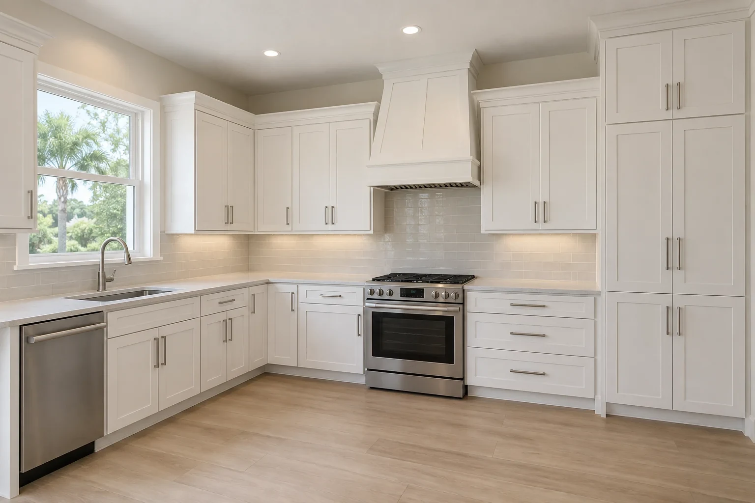 Kitchen with white shaker cabinetry, a tall pantry run and drawer bank